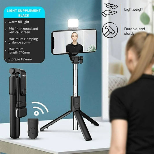 Bluetooth Selfie Stick with Remote and LED Selfie Light, 3-in-1 Multifunctional Selfie Stick, Tripod, Monopod Stand & Mobile Stand Compatible with All Phones Bluetooth Selfie Stick (Black, Remote Included)