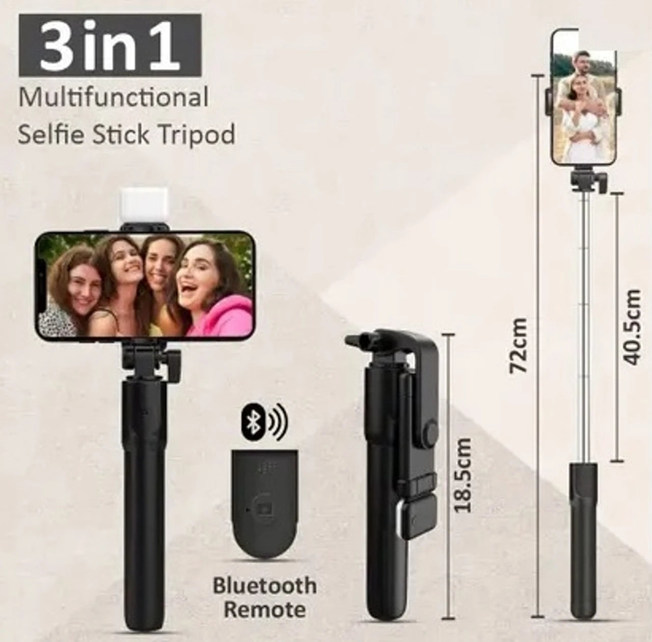 Bluetooth Selfie Stick with Remote and LED Selfie Light, 3-in-1 Multifunctional Selfie Stick, Tripod, Monopod Stand & Mobile Stand Compatible with All Phones Bluetooth Selfie Stick (Black, Remote Included)