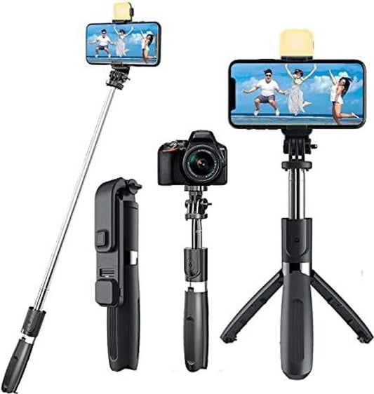 Bluetooth Selfie Stick with Remote and LED Selfie Light, 3-in-1 Multifunctional Selfie Stick, Tripod, Monopod Stand & Mobile Stand Compatible with All Phones Bluetooth Selfie Stick (Black, Remote Included)